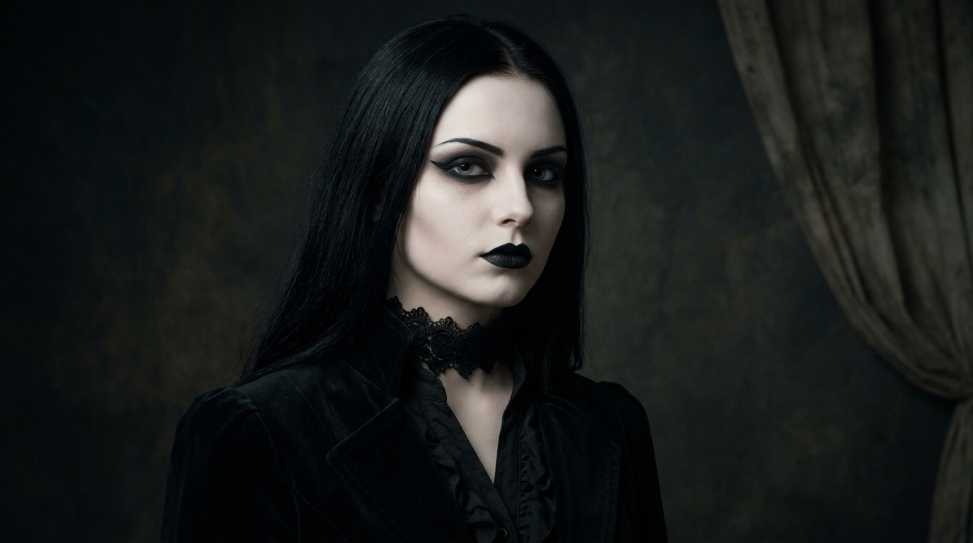 AI goth generator turning a person into a classic goth with black eyeliner, dark lipstick, and a lace choker while keeping their real face