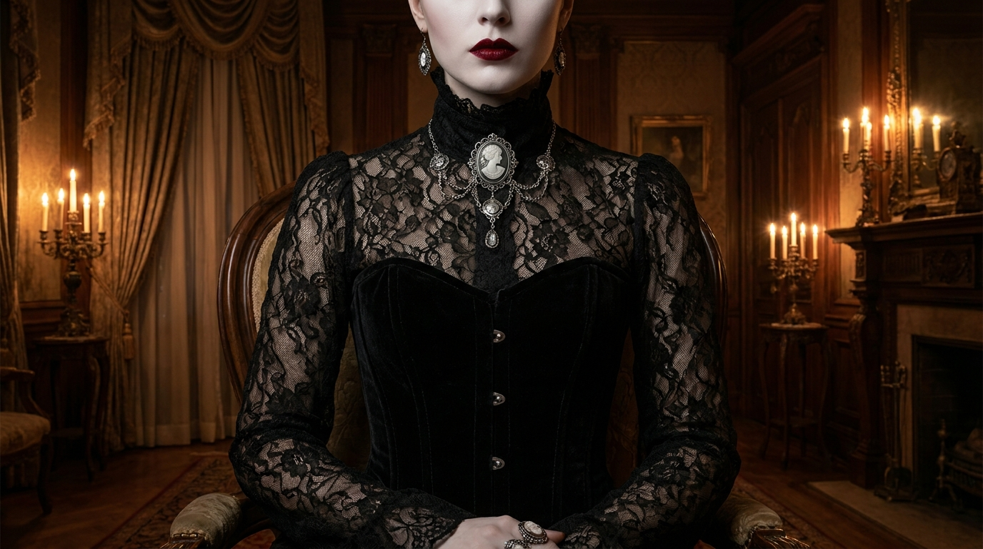 Romantic Victorian goth in an ornate black lace dress created with the AI goth generator