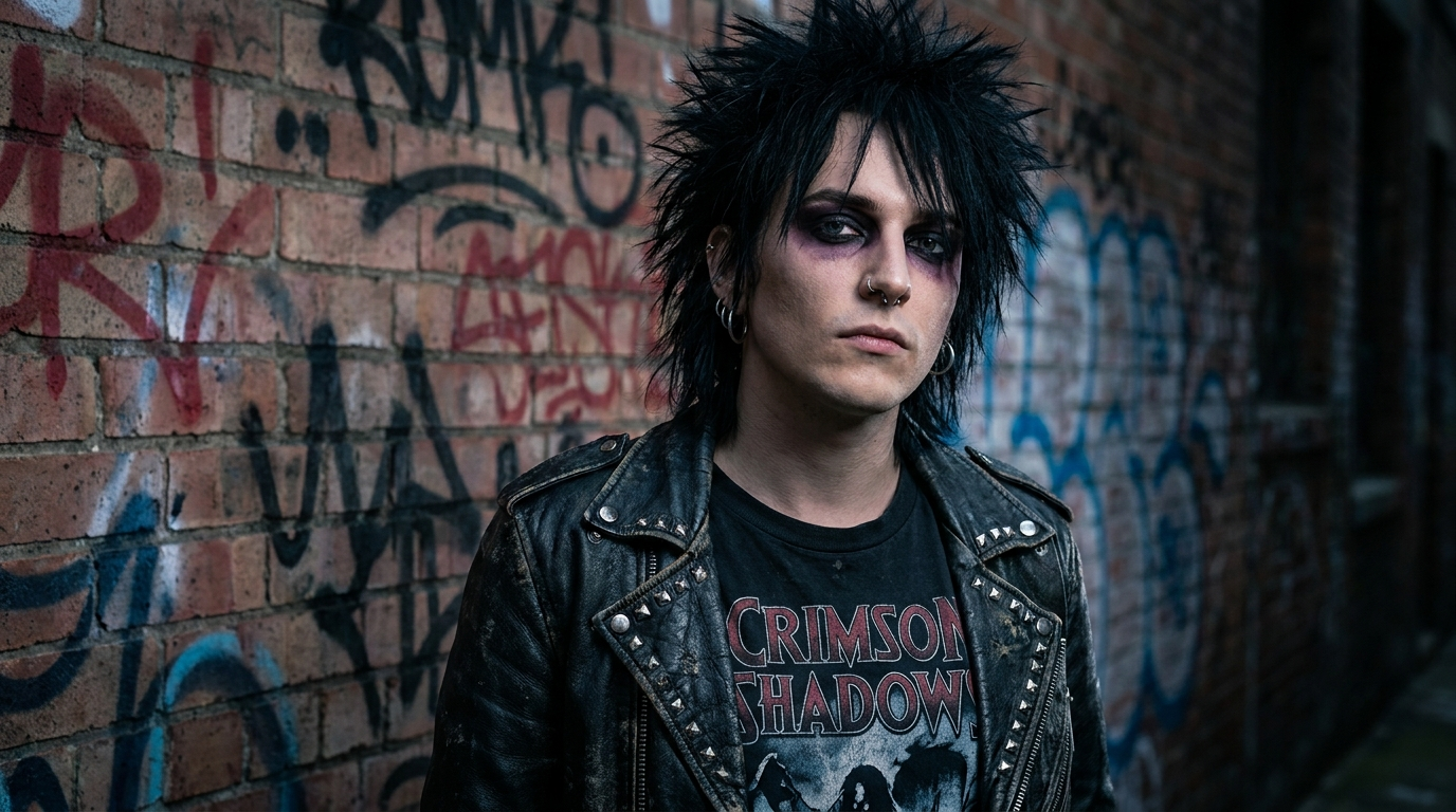 Punk goth with spiked hair and a studded leather jacket generated on a photo with the AI goth generator