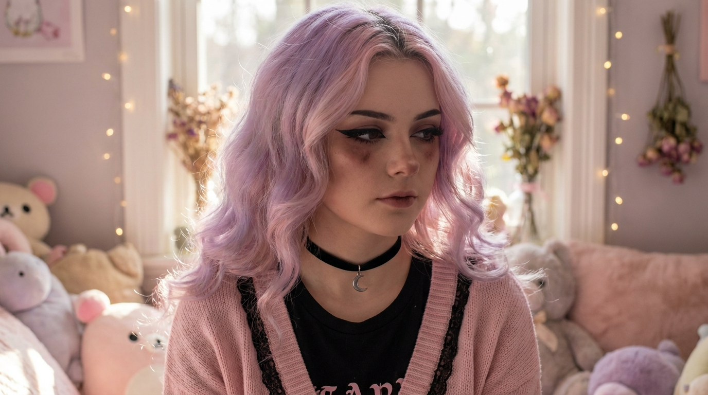 Pastel goth with lavender hair and cute dark makeup made with the AI goth generator