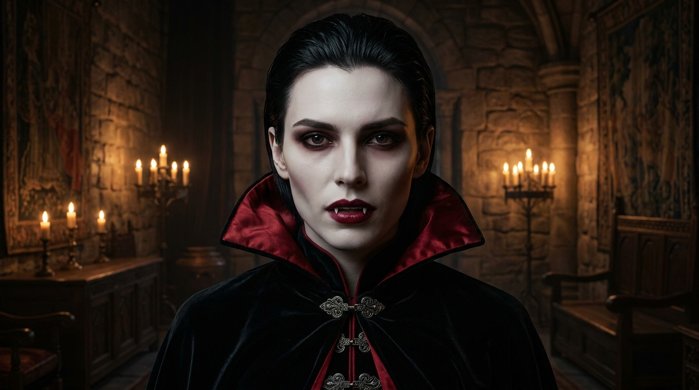 Gothic vampire with pale skin and a high-collar black cloak created with the AI goth generator