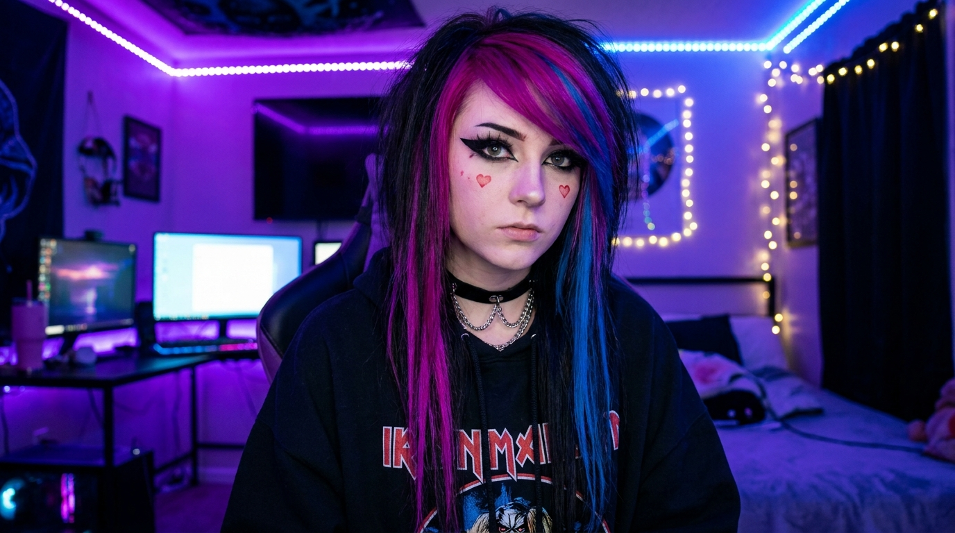 E-girl goth with colored hair streaks and graphic eyeliner made with the AI goth generator