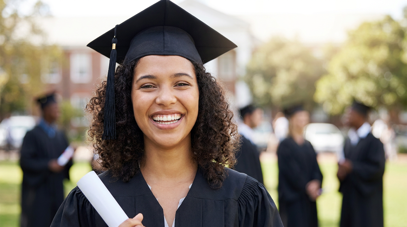 Joyful AI graduation portrait of a young woman in a black cap and gown holding a diploma with a proud smile on a bright campus, made by the AI graduation photo generator