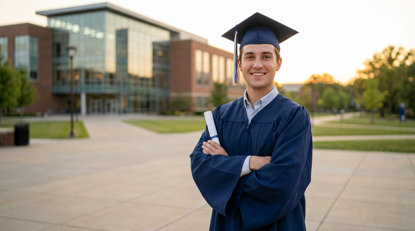 Confident AI graduation portrait of a young man in a navy blue cap and gown holding a rolled diploma in golden-hour light outside a college building