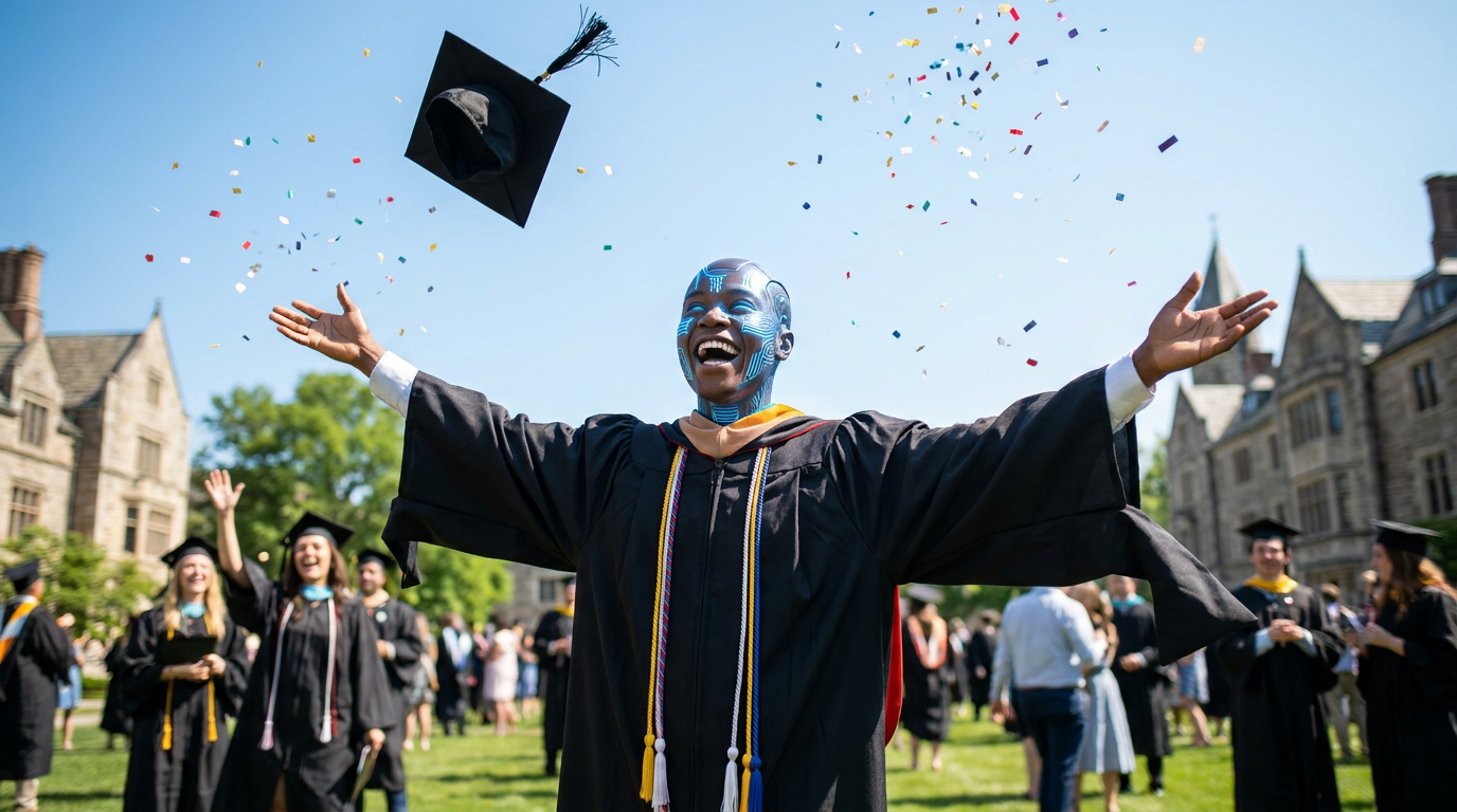 Celebratory AI graduation photo of a graduate tossing a black mortarboard cap into a bright blue sky on campus