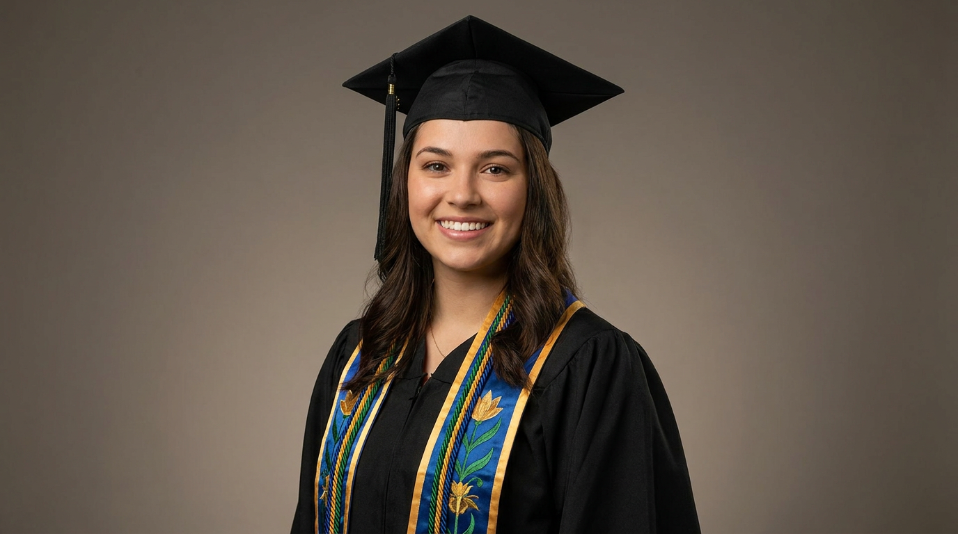 Elegant studio AI graduation portrait of a smiling female graduate in cap and gown with a colorful honor stole on a neutral background