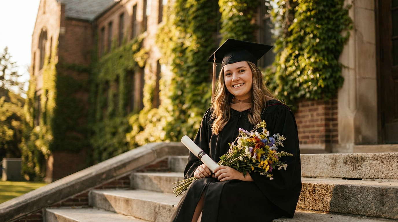 AI graduation portrait of a graduate sitting on campus steps in cap and gown holding flowers and a diploma in warm sunlight