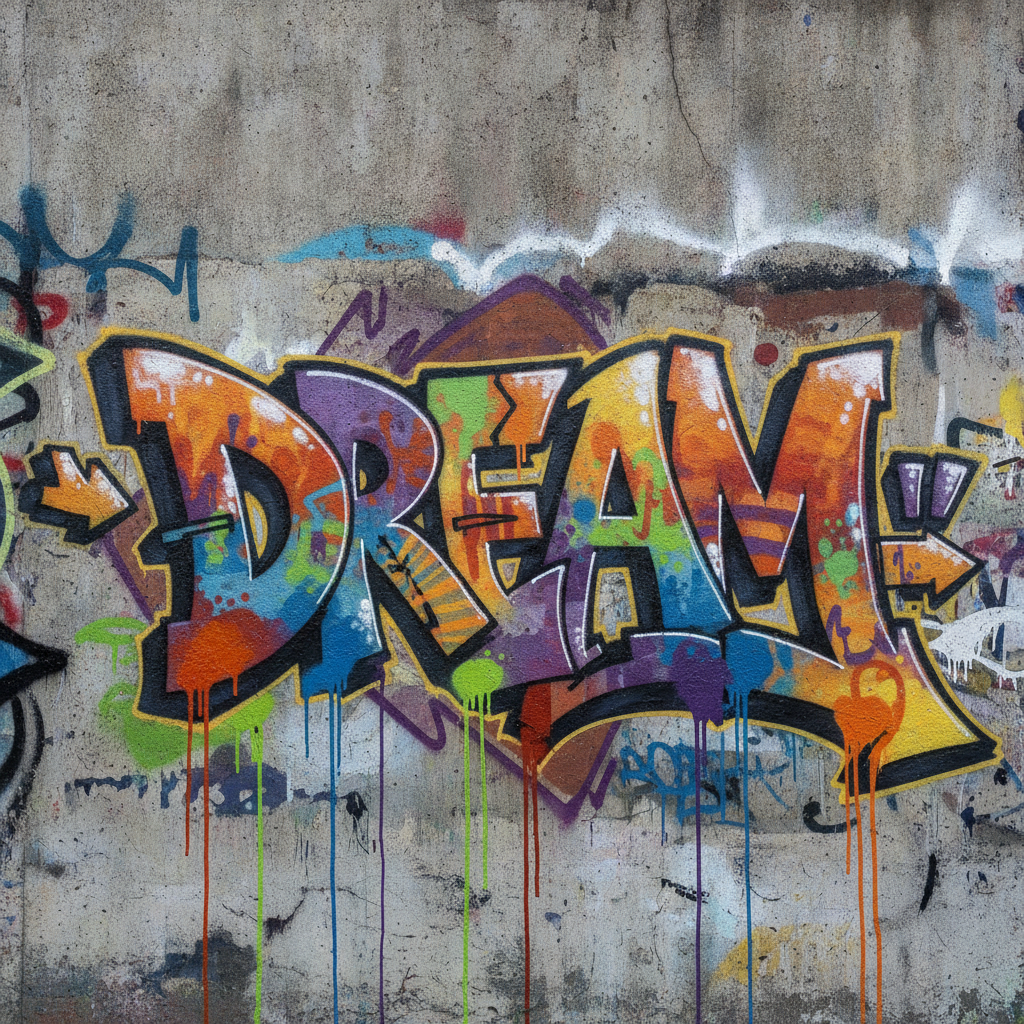 AI graffiti generator banner — bold colorful wildstyle graffiti street-art lettering spelling DREAM on a concrete wall with dripping spray paint, 4K graffiti art maker output