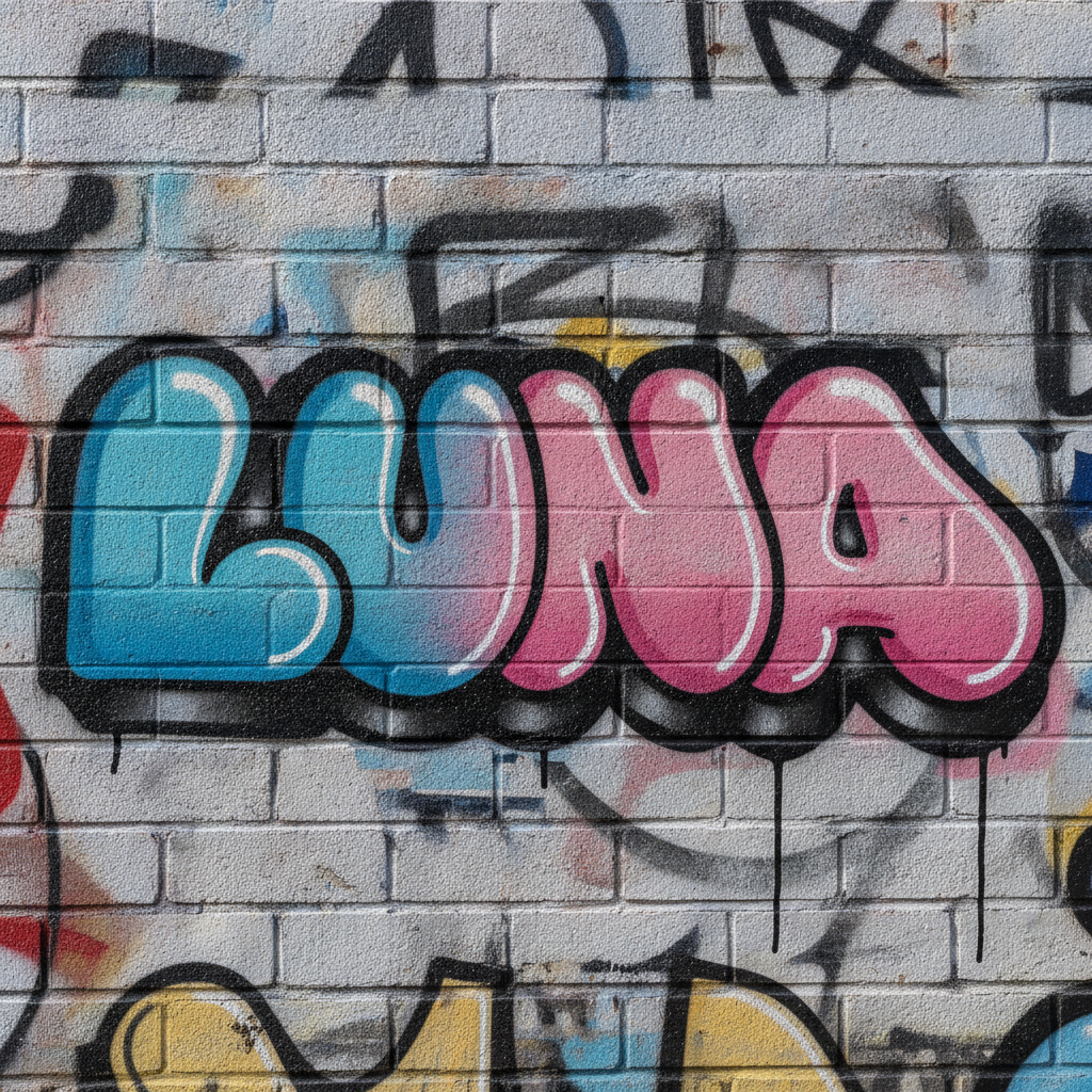 AI graffiti generator panel — glossy 3D bubble-letter graffiti name tag spelling LUNA in pink and blue gradient with black outline on a white brick wall, graffiti name generator output