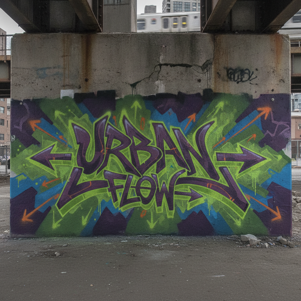 AI graffiti generator panel — wildstyle graffiti mural with interlocking arrows and sharp angular letters in neon green and purple on a city underpass, street art generator ai output