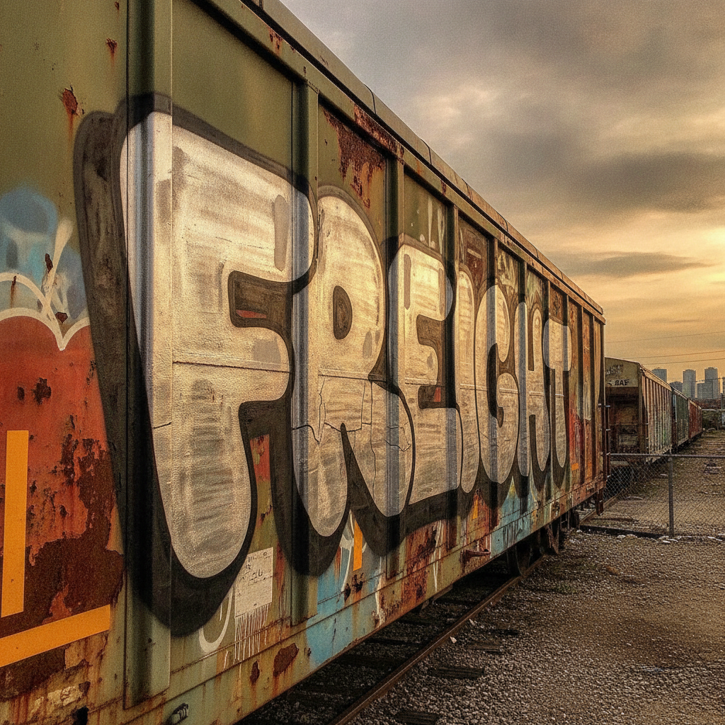 AI graffiti generator panel — classic throw-up graffiti lettering with chrome silver fill and bold black outline on a rusty freight train car, spray paint art generator output