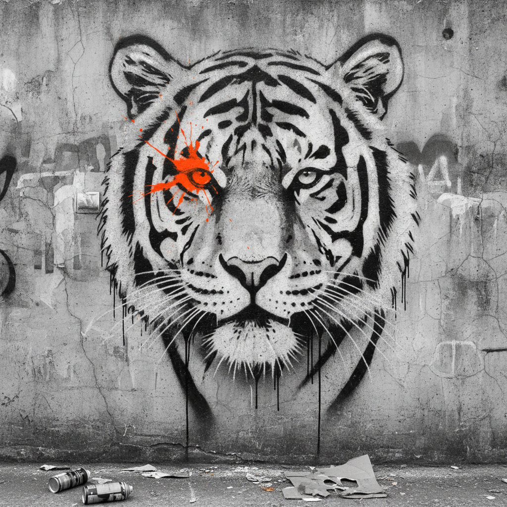 AI graffiti generator panel — Banksy-style stencil graffiti street art of a tiger with dripping spray paint, monochrome with one splash of orange on a concrete wall