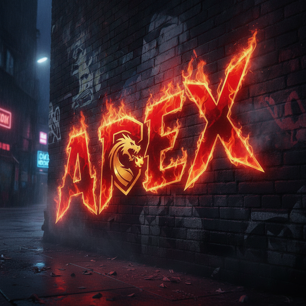 AI graffiti generator panel — aggressive gaming clan logo with fiery red and gold flame graffiti lettering spelling APEX on a dark background, esports street art maker output