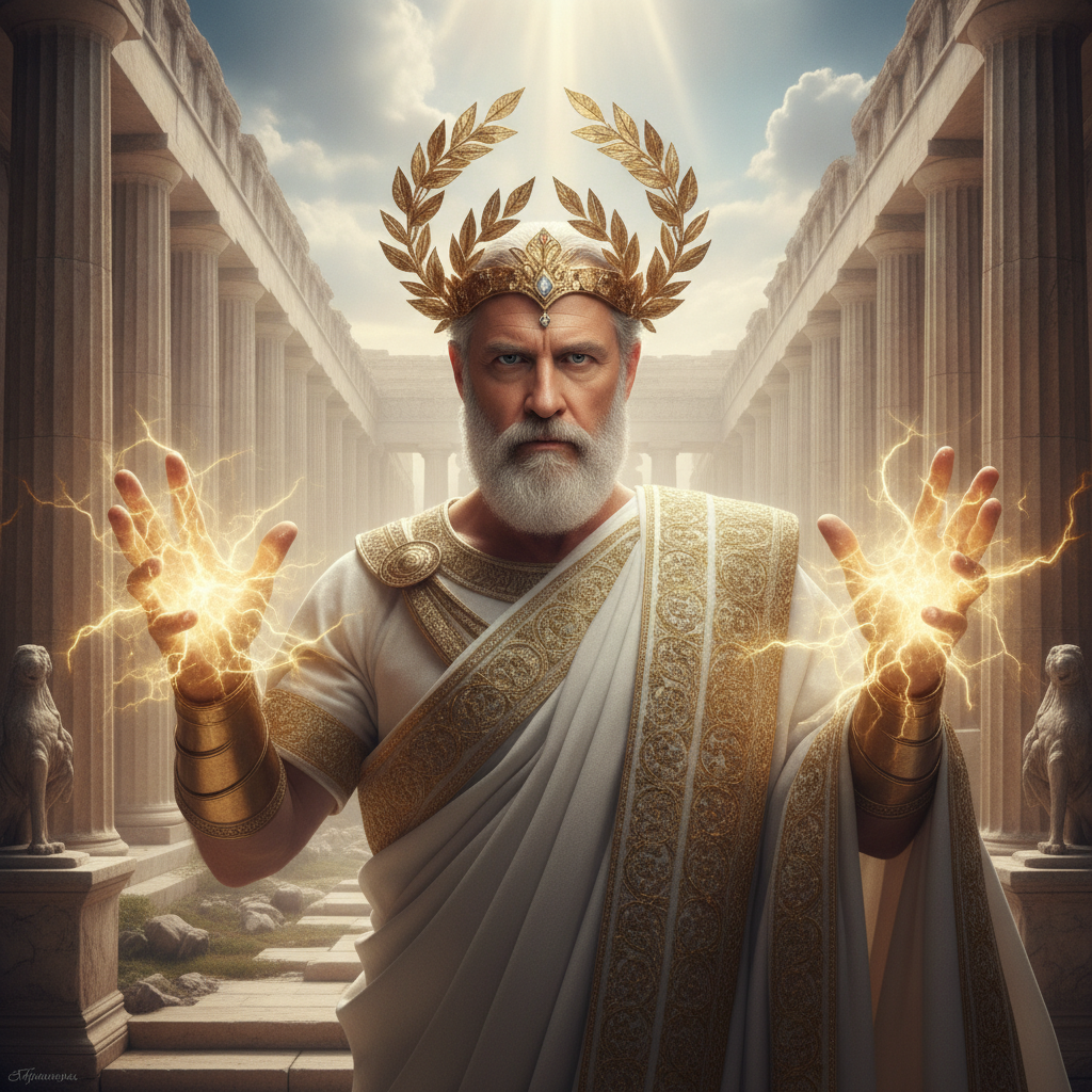 AI greek god generator output — a person transformed into Zeus, king of the gods, with golden lightning, a white toga, and a laurel crown on Mount Olympus, turn photo into greek god result