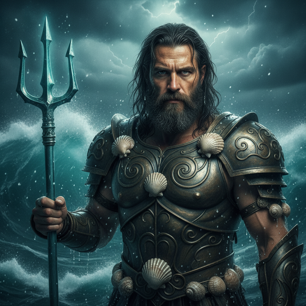 AI greek god generator output — a person as Poseidon, god of the sea, holding a glowing trident with ocean waves and bronze armor, greek god generator result