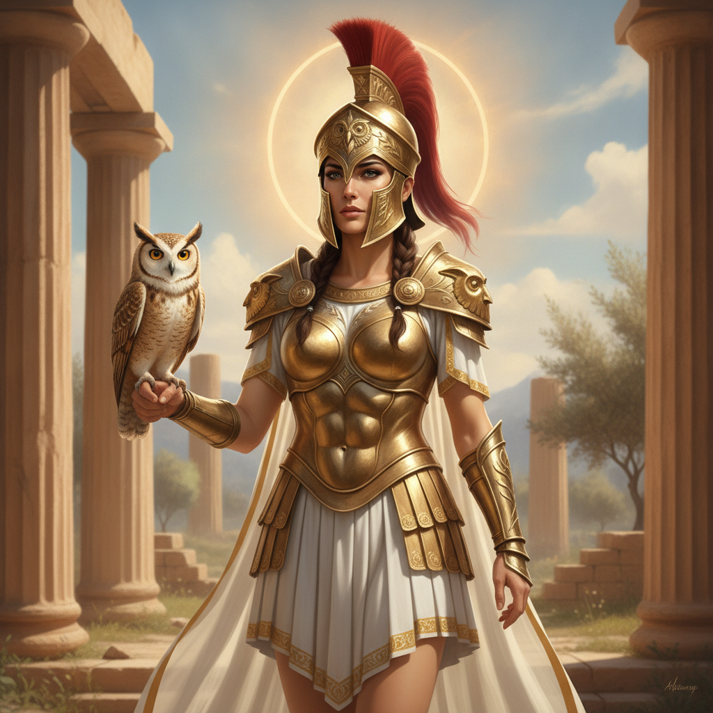 AI greek god generator output — a woman as Athena, goddess of wisdom, in a Corinthian helmet and golden armor with an owl, greek goddess generator ai result