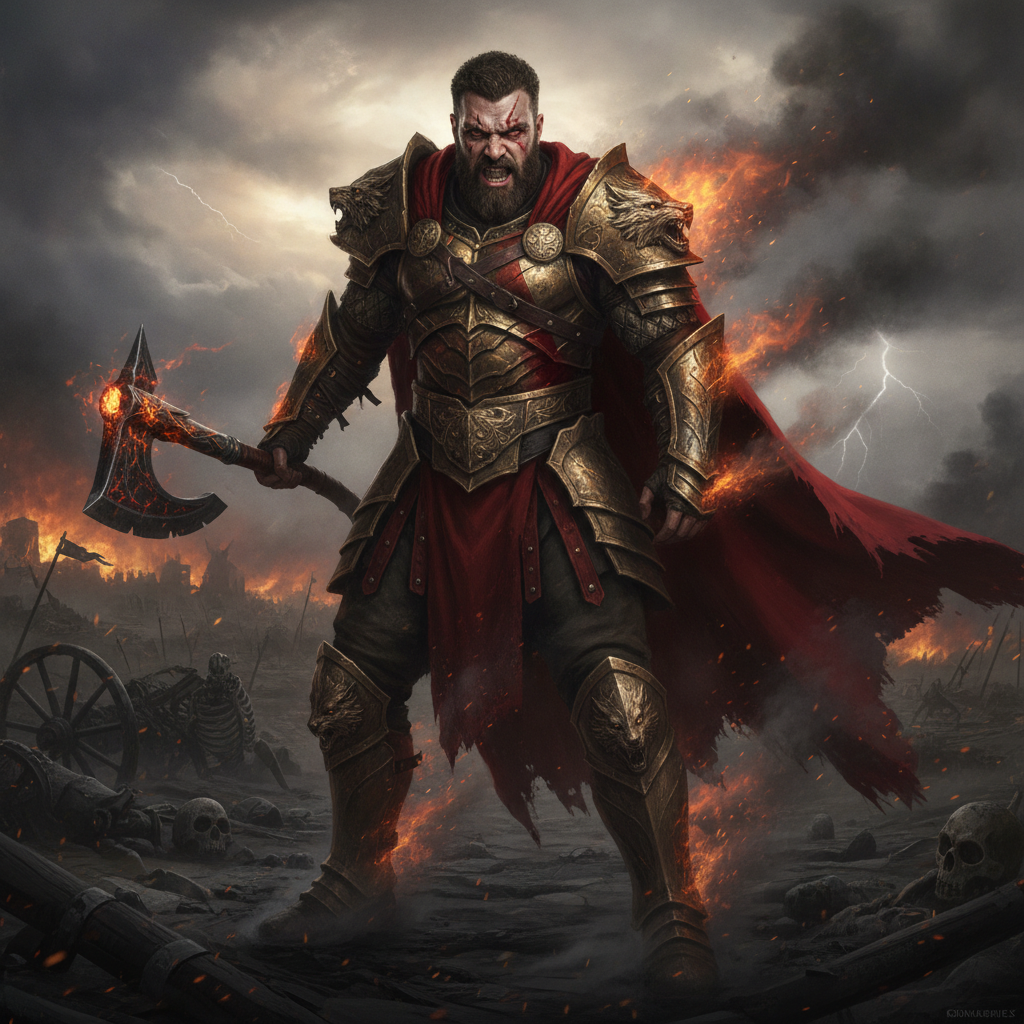AI greek god generator output — a person as Ares, god of war, in battle-scarred bronze armor and a red cape in a God of War style, god of war style generator result