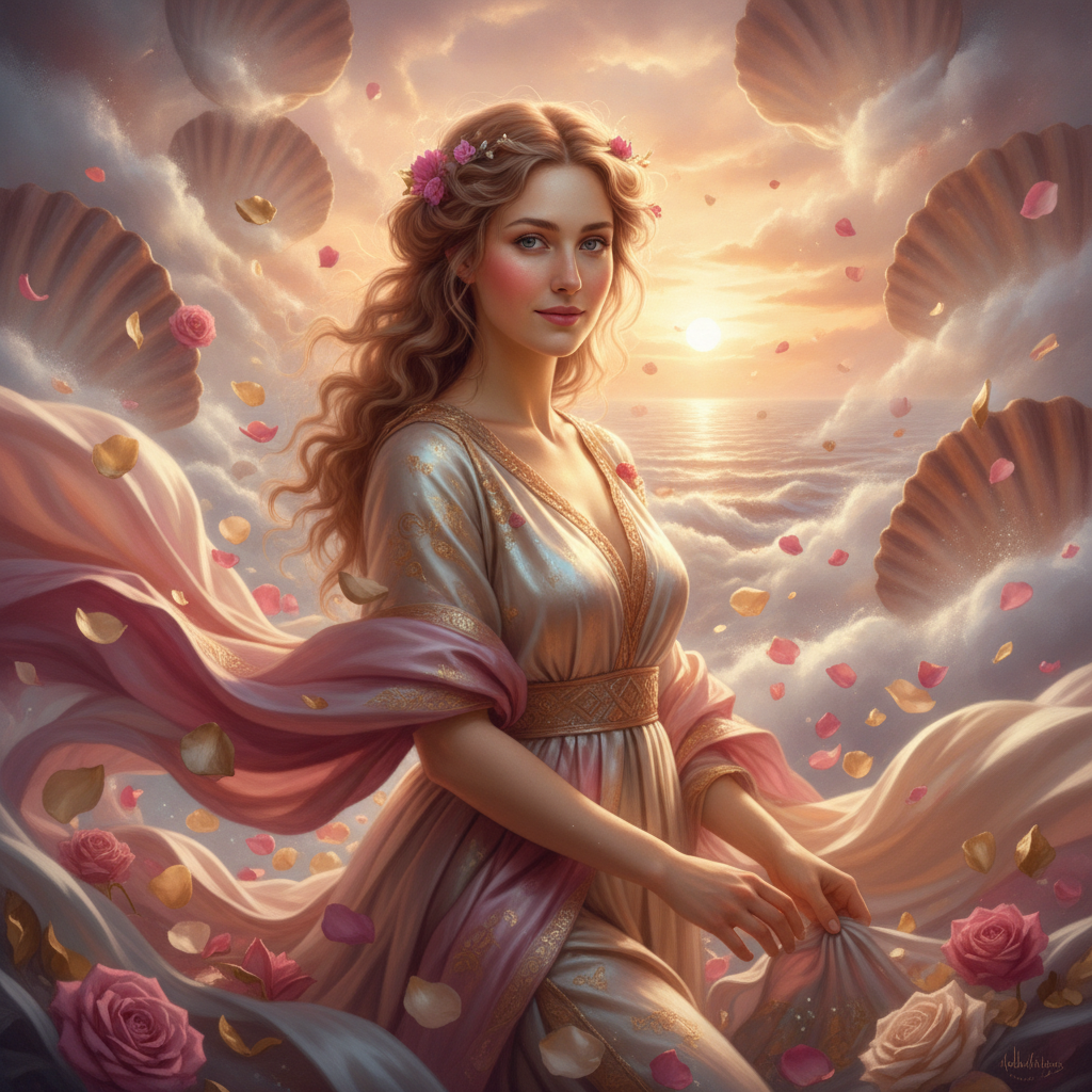 AI greek god generator output — a woman as Aphrodite, goddess of love and beauty, in flowing pink and gold robes with rose petals, greek goddess generator ai result