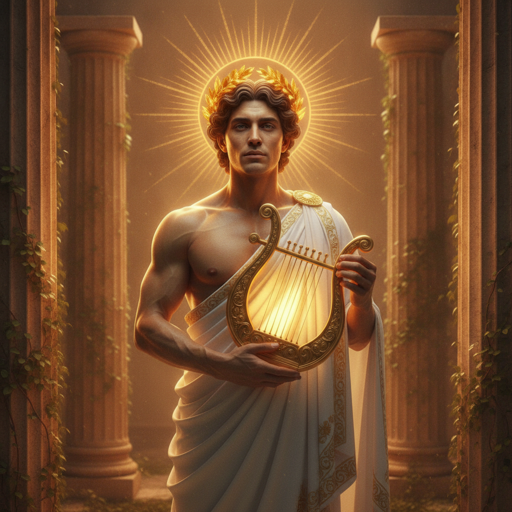 AI greek god generator output — a person as Apollo, god of the sun, with a golden laurel wreath and radiant glow among marble columns, mythology character generator result