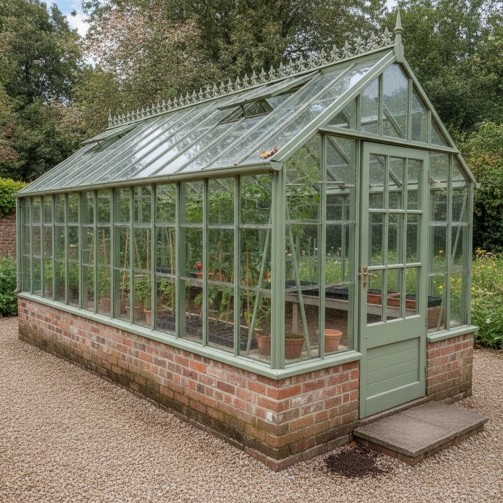 AI greenhouse design generator result: a sage green Victorian glasshouse with a steep pitched glass roof, ornamental cast iron ridge cresting and a pointed finial, standing on a tall red brick plinth on a gravel path in a walled kitchen garden, with tomato plants on canes and terracotta pots on staging visible through the glass.
