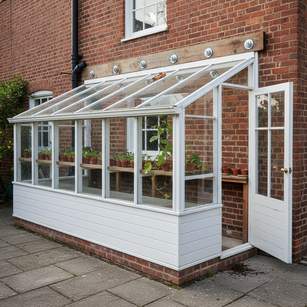 AI greenhouse design generator result: a white painted lean-to greenhouse against a red brick house wall, its single sloping glass roof carried on a timber wall plate bolted into the brickwork with large galvanised bolts, with white boarding below the glazing, a glazed door standing open and terracotta pots on a timber bench inside.