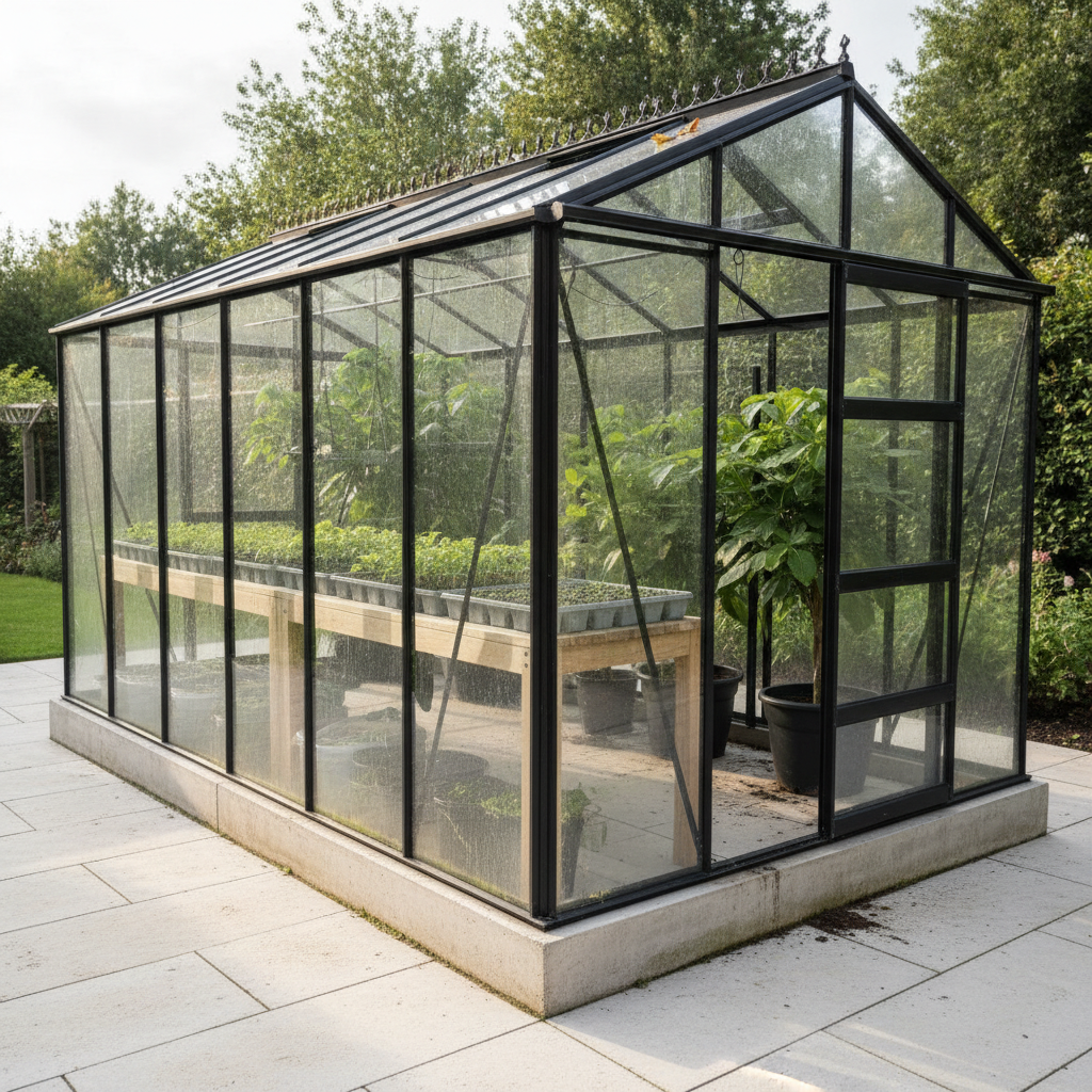 AI greenhouse design generator result: a modern greenhouse with a slim matt black aluminium frame and full-height clear glass, standing on a poured concrete plinth in a paved contemporary garden, with seed trays on a pale timber bench and a leafy plant in a black pot inside, and ornamental cast iron cresting along the ridge.