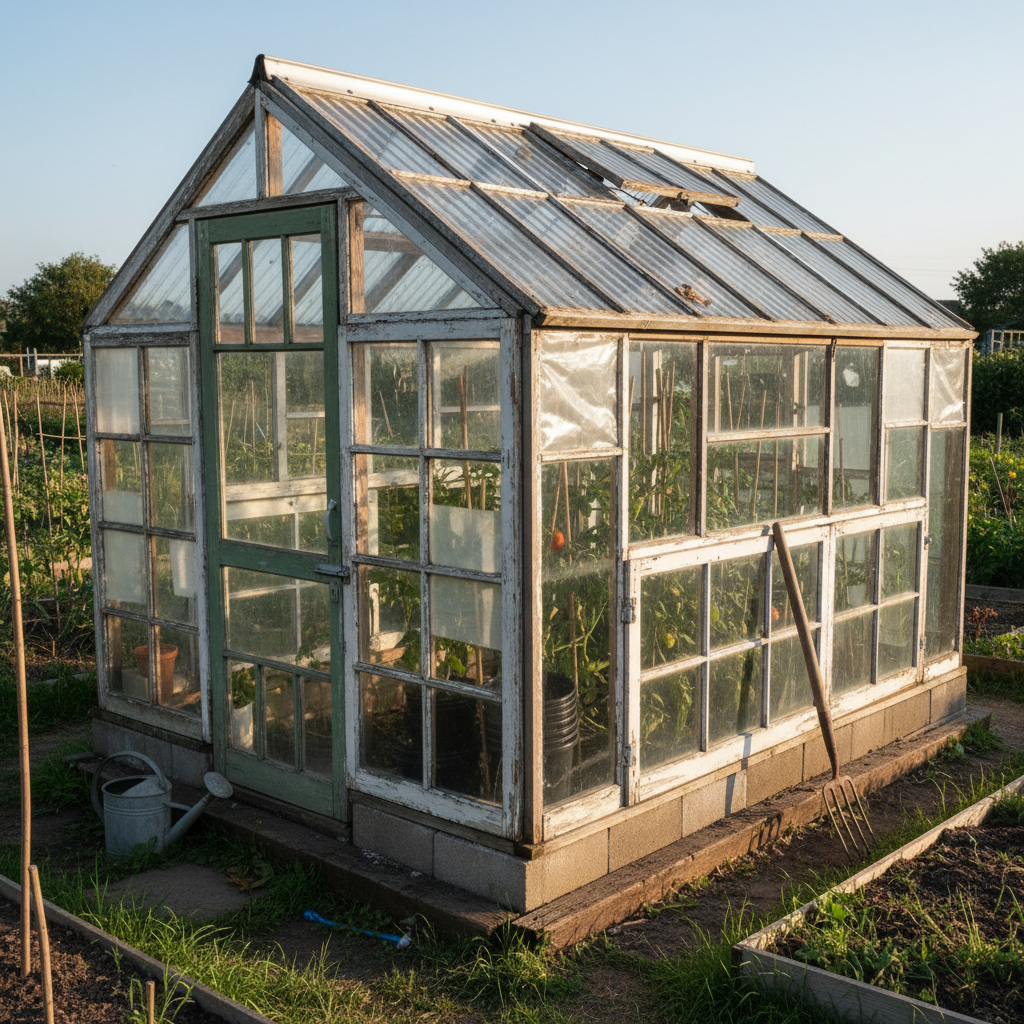 AI greenhouse design generator result: a homemade greenhouse built from mismatched salvaged window sashes in peeling white, faded blue and bare grey timber, with a green painted glazed door, a clear corrugated plastic roof and a concrete block base, standing on an allotment plot with a galvanised watering can and a garden fork beside it.