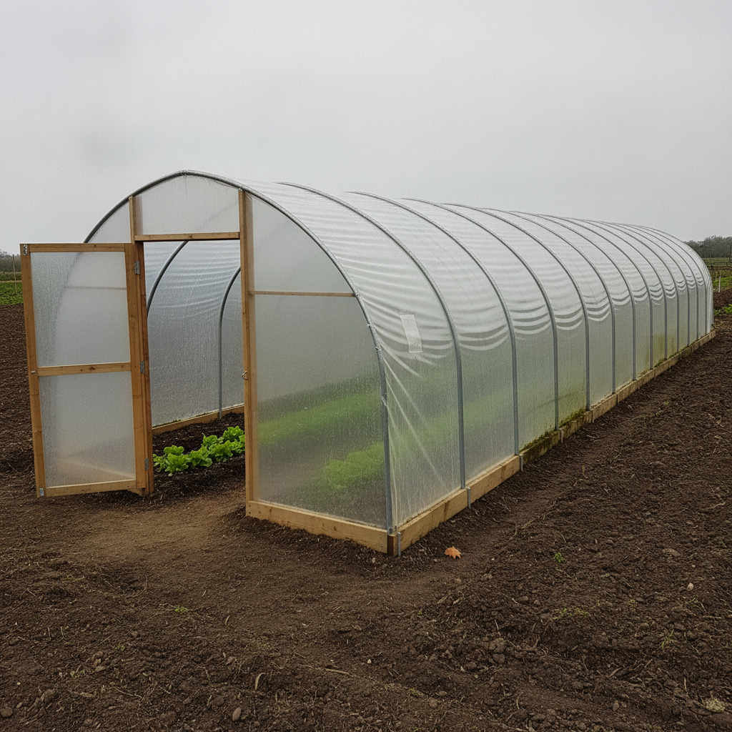 AI greenhouse design generator result: a polytunnel greenhouse on dark tilled soil, its translucent polythene stretched drum-tight over a long row of galvanised steel hoops and clamped down under timber battens along both sides, with a timber-framed end wall, an open door and a row of lettuces visible inside.