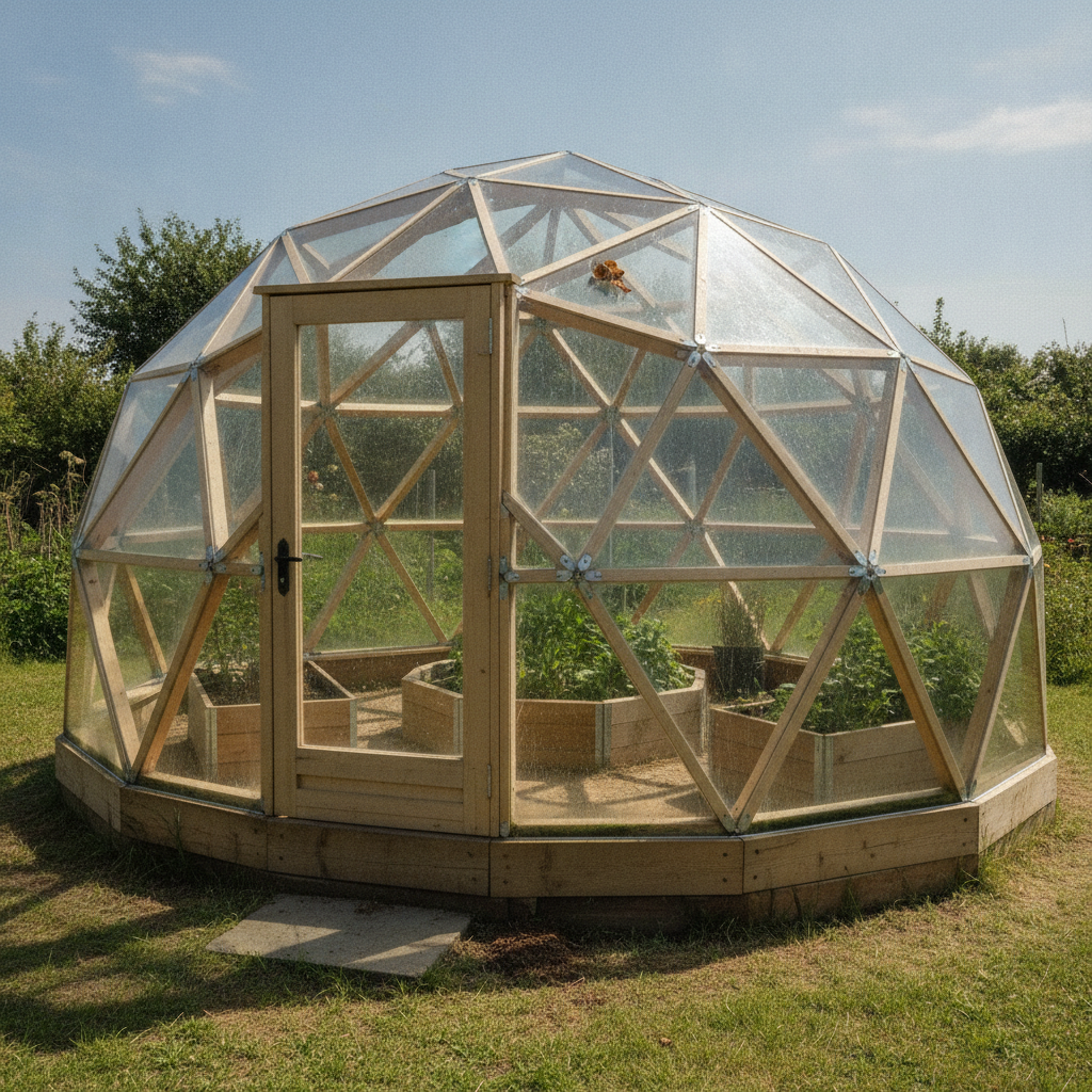 AI greenhouse design generator result: a geodesic dome greenhouse of pale timber struts bolted together with galvanised steel hub plates and infilled with clear glazing, sitting on a low circular timber base on grass, with a timber-framed door, a stone slab step and raised timber beds of leafy plants inside.