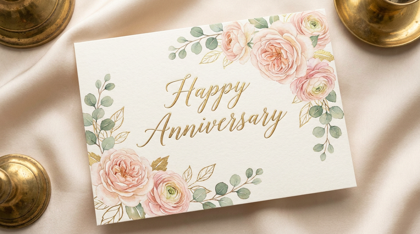 AI anniversary greeting card with gold lettering and roses