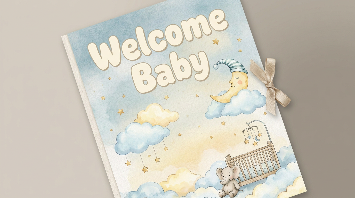 AI baby shower greeting card with pastel nursery illustration