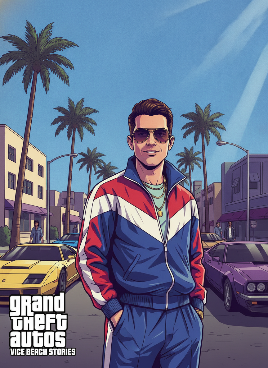 AI GTA style generator result showing a man turned into bold cel-shaded GTA loading-screen art in front of a sunny palm-tree street with sports cars