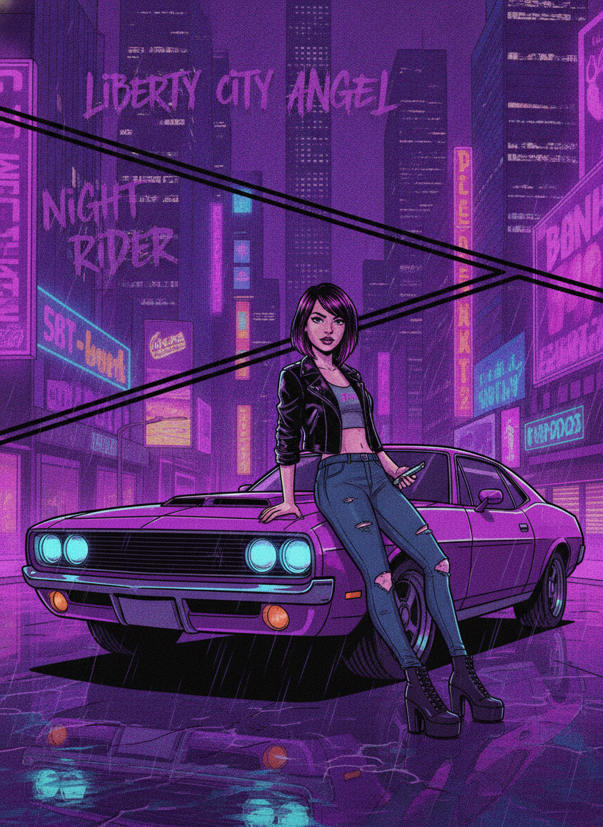 AI GTA style generator result showing a woman as an illustrated GTA character art panel leaning against a muscle car under neon city lights