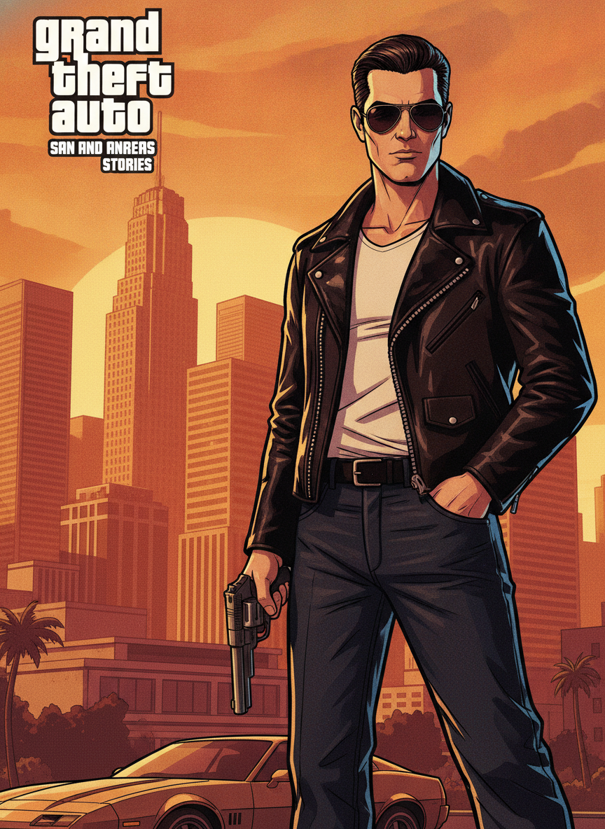 AI GTA style generator result showing a man in sunglasses and a leather jacket as GTA loading-screen key art in front of a downtown skyline at golden hour