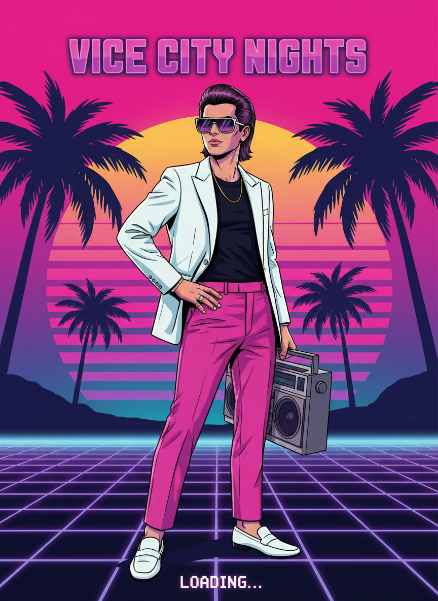 AI GTA style generator result showing a person in Vice City retro GTA art style against a neon-pink and teal Miami sunset with palm trees