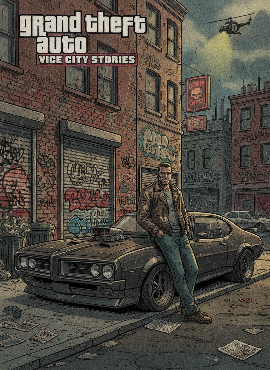 AI GTA style generator result showing a person as gritty street GTA cover art on a graffiti city corner beside a parked muscle car