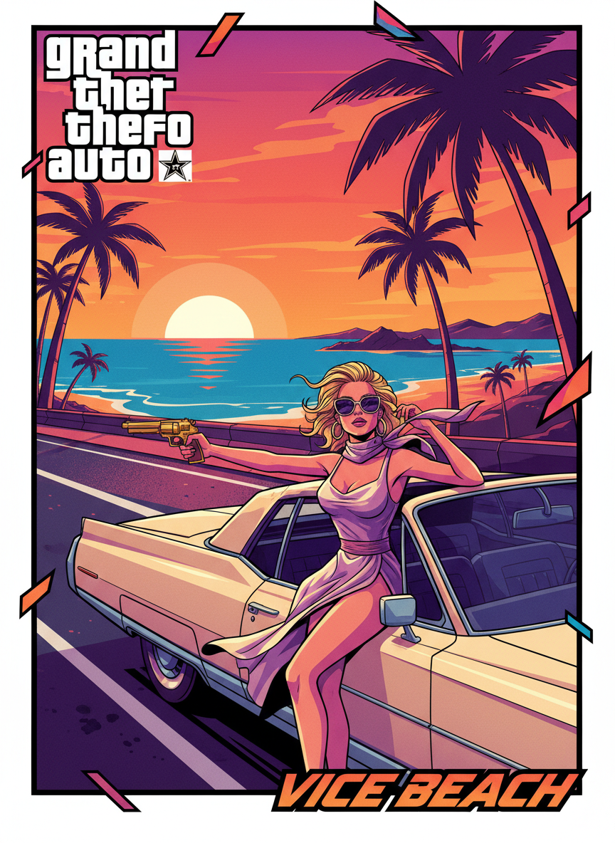 AI GTA style generator result showing a glamorous person leaning out of a luxury convertible on a coastal highway at sunset in GTA loading-screen art style