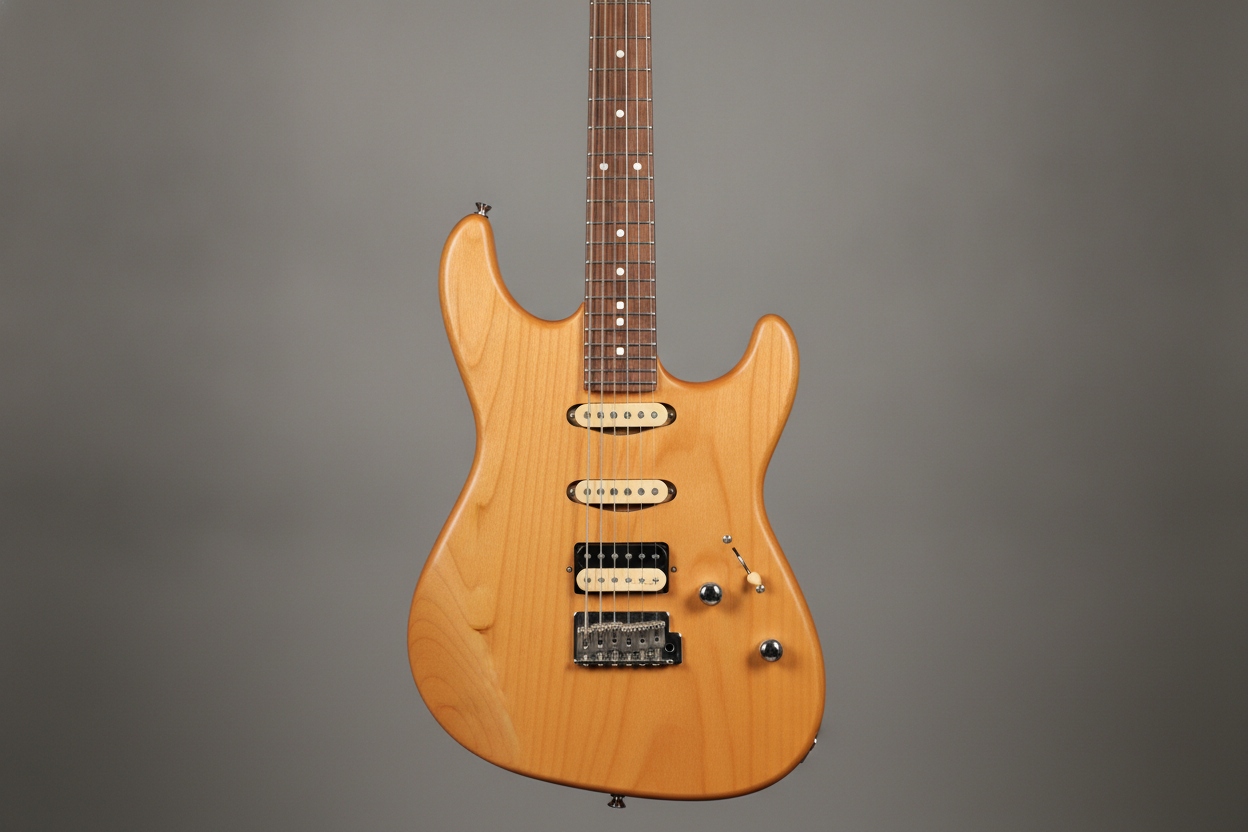 AI guitar design generator result: an unbranded offset solid-body electric in satin natural ash, and the first of three frames on this page that quietly ignored the shape instruction. The preset banned the famous double-cutaway outlines by name and what came back sits within touching distance of the most copied body shape in the world. Two smaller drifts are worth reading. The preset asked for three control knobs and a five-way blade switch and the render supplied two knobs and a vibrato arm instead, which is the archetype control set rather than the one specified. And the frame crops the headstock away entirely, so the part of a guitar that carries the branding is simply not in the picture