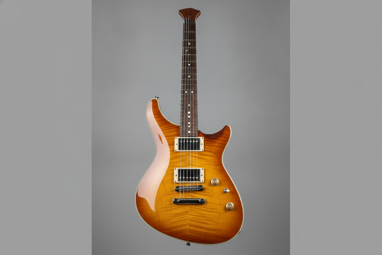 A carved top with a book-matched flame maple cap over mahogany, cream binding and a tune-o-matic bridge feeding a stopbar tailpiece. The figure, the amber burst and the binding are all convincing. The outline and the construction are not. The preset asked for a single-cutaway and what arrived has two horns, which is the archetype drift again on a frame where it is easy to miss. The preset asked for a glued-in set neck with a smooth sculpted heel, and the neck joint is the one thing a straight-on product shot cannot show you, so the single most consequential decision in the whole build is hidden behind the body. Look at the headstock instead: it is a bare paddle with no tuning machines on it anywhere, six strings running to nothing. This is also the frame that came back portrait and was letterboxed into the wide canvas it was asked for