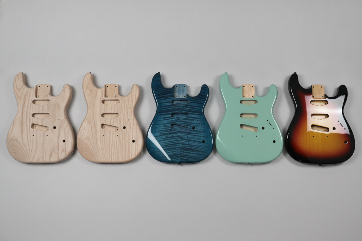 The comparison row, and the frame that earns its place on the page: five identical guitar bodies photographed from directly above, same shape, same routes, same scale, with the finish as the only thing that was supposed to change. Left to right, bare sanded ash, satin oil, translucent blue over flame, opaque seafoam and a gloss sunburst. The oil finish is almost invisible next to the bare wood, the opaque colour hides every trace of grain, and the two translucent finishes need figure underneath or they have nothing to say. But the rig also changed a second variable behind our backs, because bodies one and two are plain ash and body three arrived as flame maple. One thing it got right unprompted: the neck pockets on the finished bodies are masked back to bare wood, which is exactly what a real spray shop does