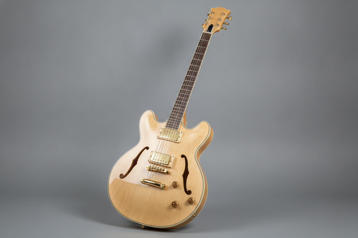 A semi-hollow thinline in natural blonde maple with gold hardware, and the cleanest object of the six. It is also the clearest demonstration of what an instrument render cannot reach. The preset asked for the solid centre block to be visible inside the treble f-hole, because the block is the entire difference between a semi-hollow and a hollow guitar, and both f-holes came back as flat black voids. The trapeze tailpiece that was asked for arrived as a stopbar. The rim depth and the f-hole edge thickness read well from this angle, which was the point of shooting it three quarters on, and the rounded double-cutaway outline is once again the category archetype rather than the original shape requested
