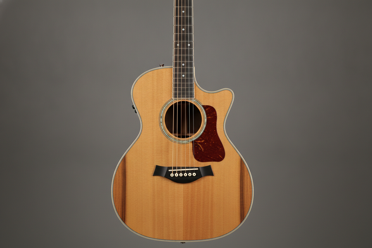 An acoustic grand auditorium with a Venetian cutaway, a solid spruce top and rosewood back and sides. This frame is a regeneration: the first attempt put a script logo decal on the headstock in defiance of an itemised ban, and the fix was to stop banning and start describing, specifying a bare polished headstock face positively. The model complied by cropping the headstock out of the shot altogether. Two substitutions survived. The herringbone wood rosette and purfling that were asked for came back as a pearl ring and a plain white line. And the X-bracing that was supposed to be visible inside the soundhole is a black hole, which matters because on an acoustic the bracing pattern is most of the instrument