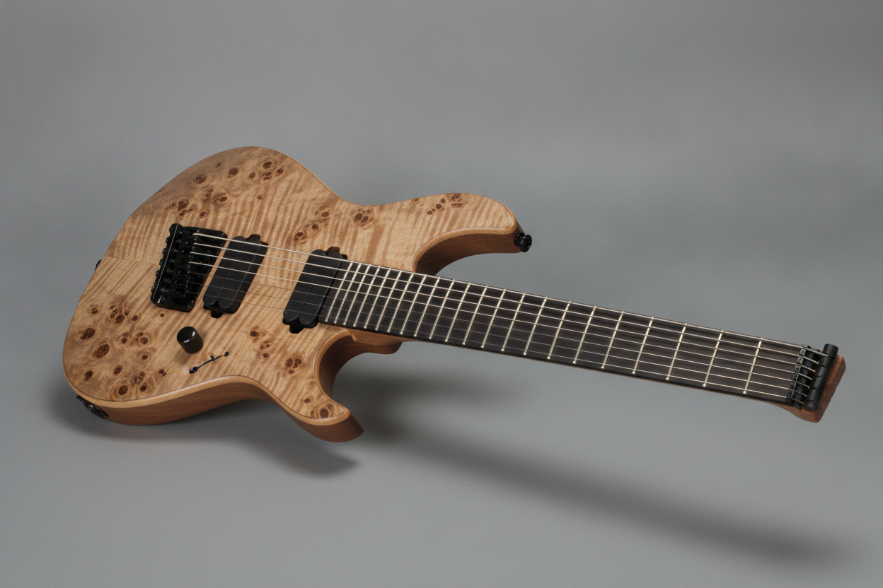 A headless build in roasted ash with a burl cap, ergonomic contours, hardware at the tail and a string clamp at the nut end. It is the only genuinely original outline in the set, and the reason is the argument of this whole page: headless guitars have no dominant archetype for the model to fall back on, so it had to invent instead of remember. Two failures worth naming. The preset asked for visibly fanned frets, which is the defining geometry of a multiscale instrument, and the frets came back square to the neck. And the cap carries burl clusters and flame figure at the same time, which is two different pieces of wood in one board. The pickups sit directly on the top with no mounting screws anywhere