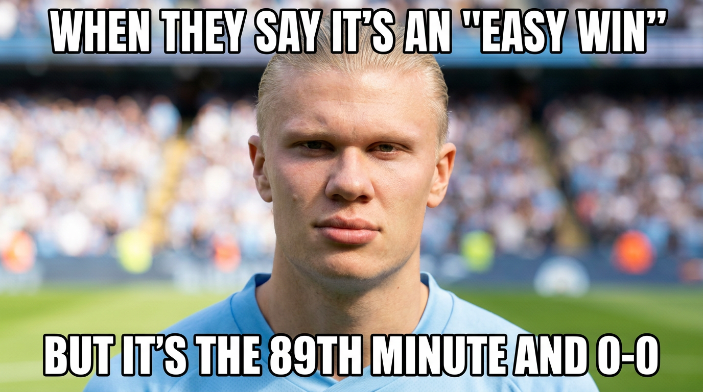 AI Haaland meme creator — a deadpan reaction meme with an unimpressed footballer and bold top and bottom caption text, made with the AI Haaland meme creator