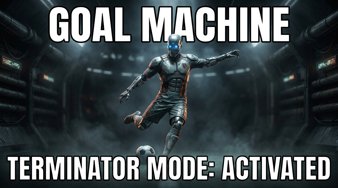 AI Haaland meme creator — a terminator-mode meme with a striker reimagined as an unstoppable robot machine and crisp white caption text, generated by the AI Haaland meme creator