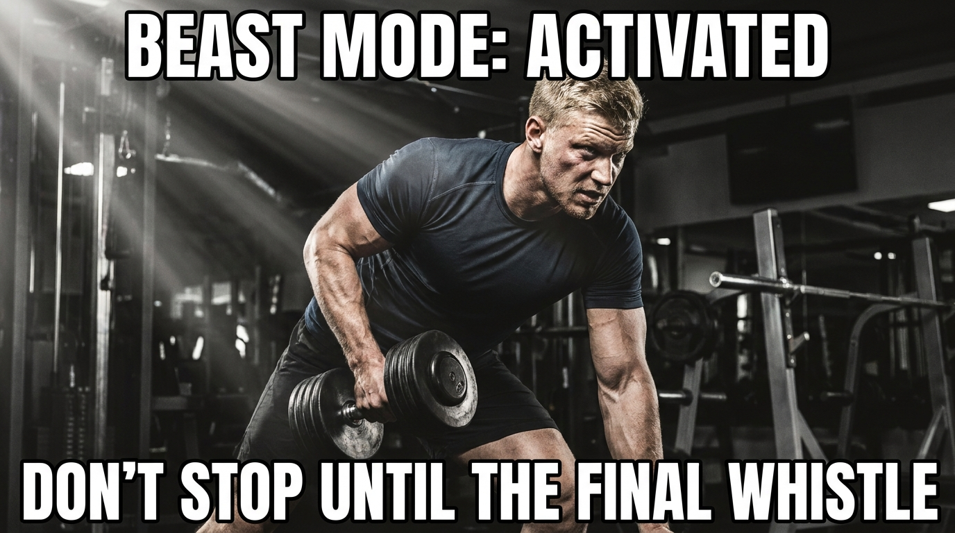 AI Haaland meme creator — a beast-mode gym meme of a muscular footballer lifting weights with bold caption text, made with the AI Haaland meme creator