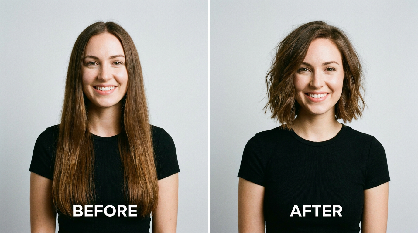 AI hairstyle changer before and after showing long hair transformed into a bob