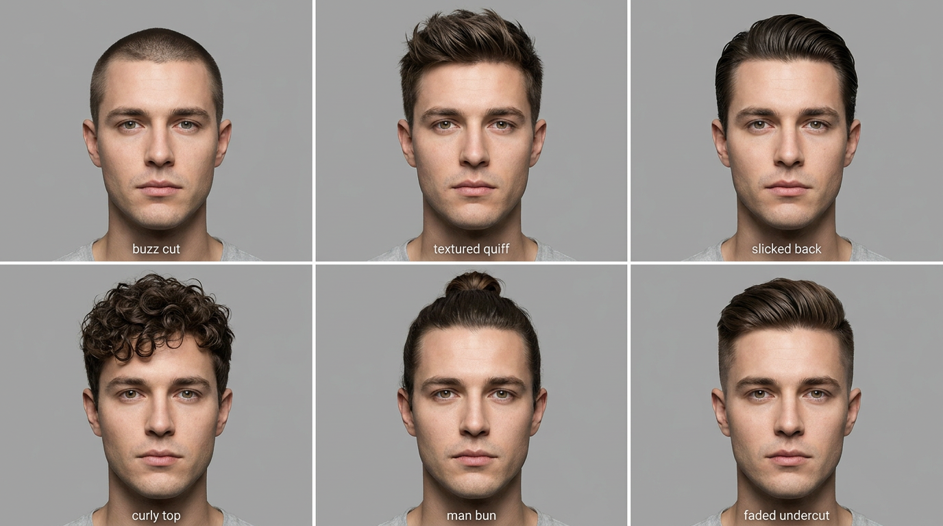 Grid of six different mens hairstyles generated by the AI hairstyle changer on the same face