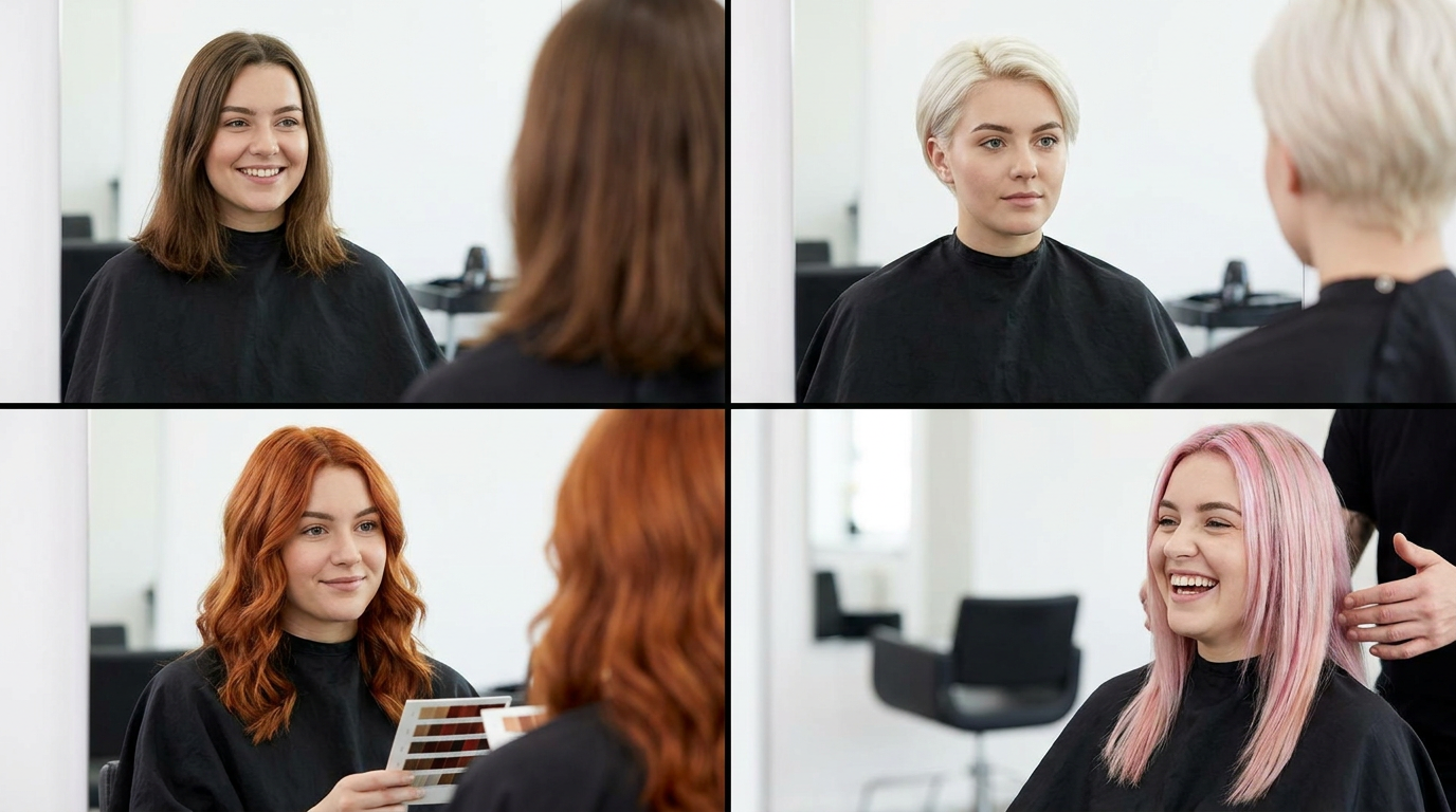 AI hair color changer showing brown, blonde, copper and pink variations on the same woman