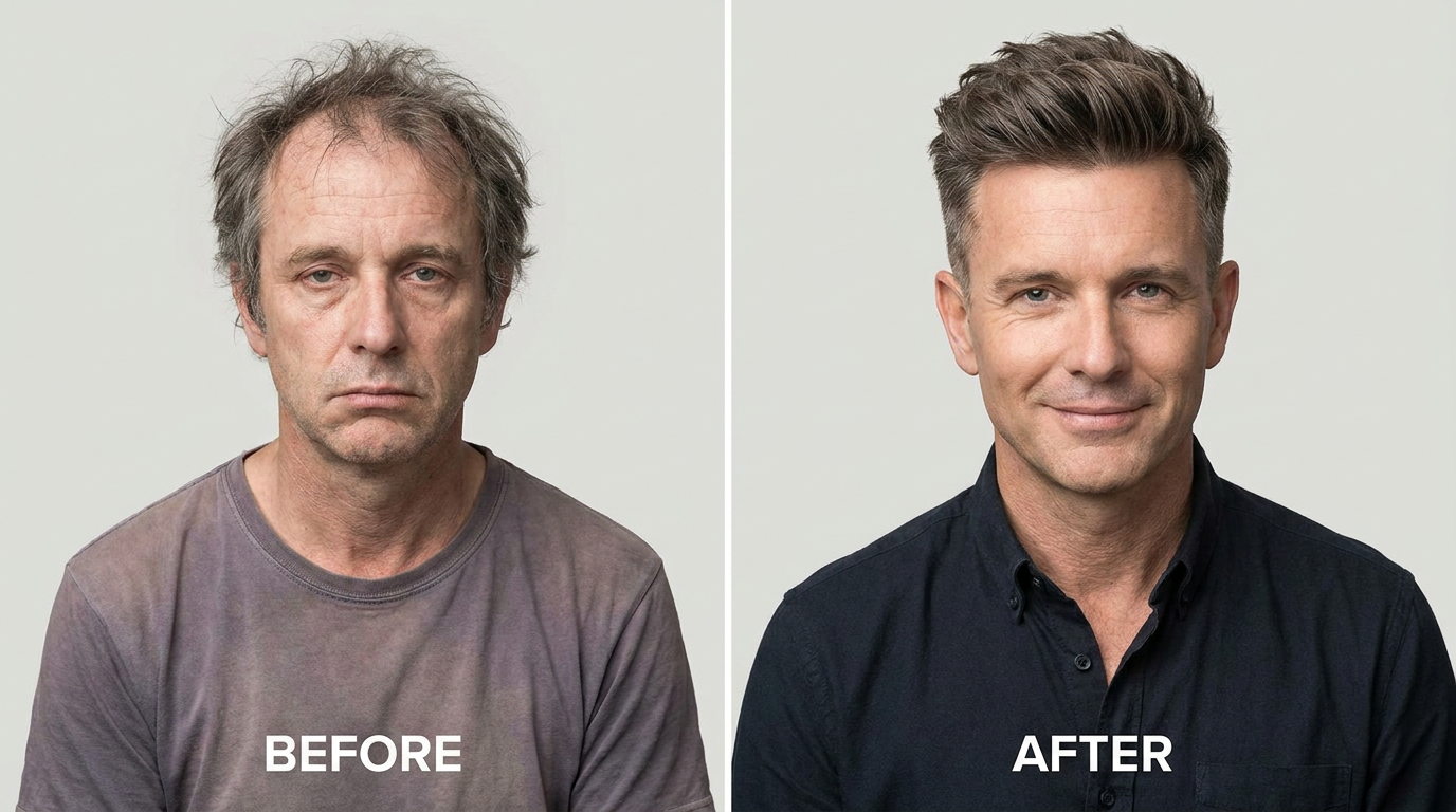 Before and after mens haircut makeover from the AI hairstyle changer